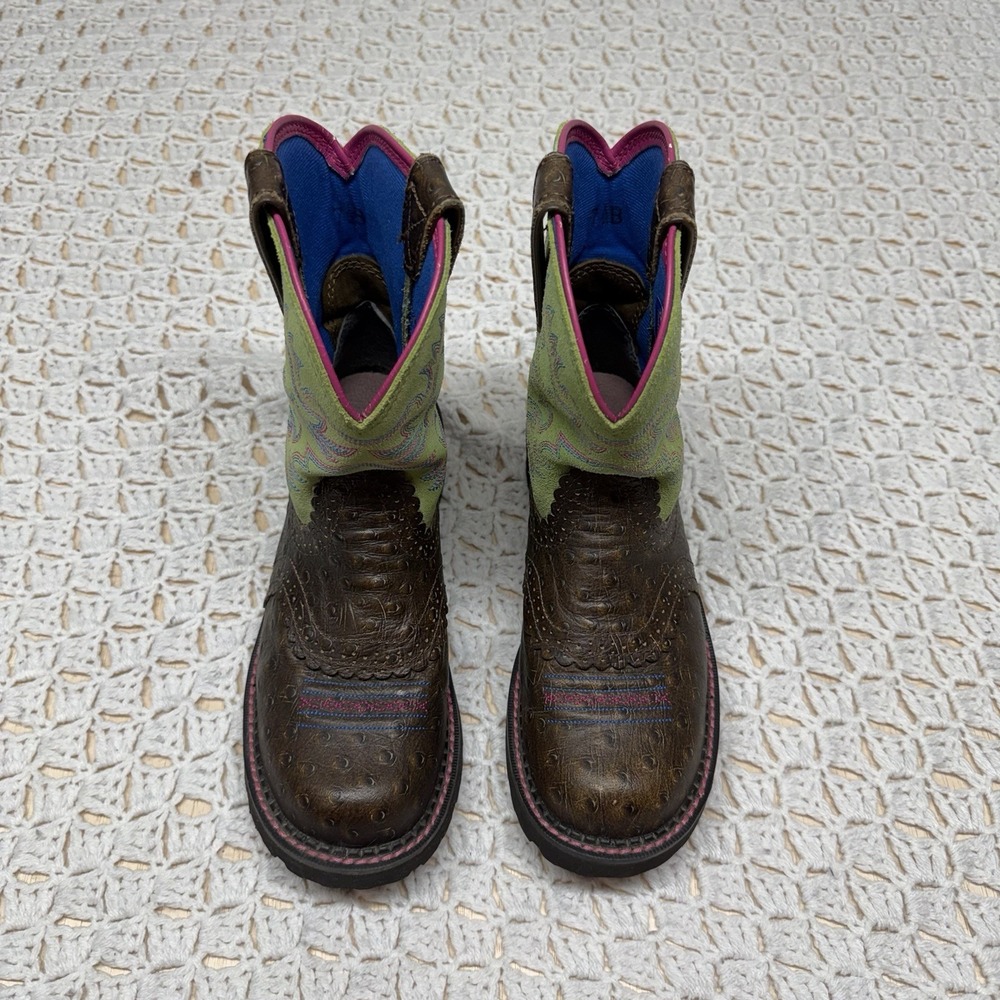 Ariat Fat Baby Western Boots Womens 7.5B Brown Green Pink Leather Style 10012821 - Picture 11 of 13